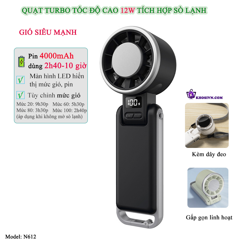 Quạt Turbo Cầm Tay Sò Lạnh Pin Trâu Làm Mát Siêu Tốc - N612