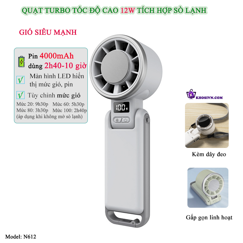 Quạt Turbo Cầm Tay Sò Lạnh Pin Trâu Làm Mát Siêu Tốc - N612