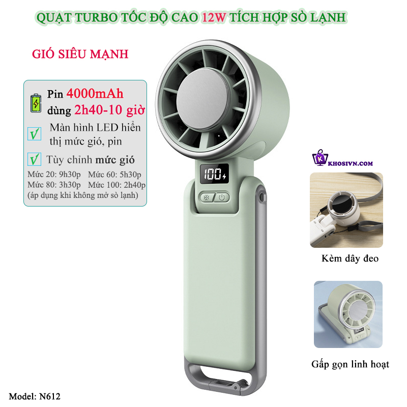 Quạt Turbo Cầm Tay Sò Lạnh Pin Trâu Làm Mát Siêu Tốc - N612