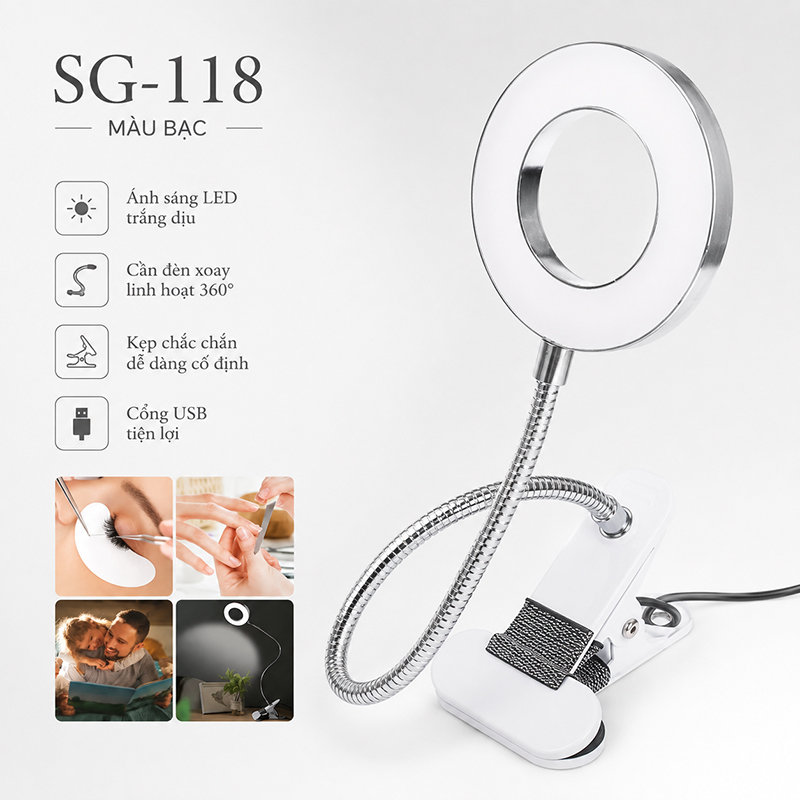 Đèn Học Cắm Điện USB Kẹp Để Bàn 3 Màu Ánh Sáng Có Thể Tùy Chỉnh Thân Uốn Lượn 360 Độ SG-118