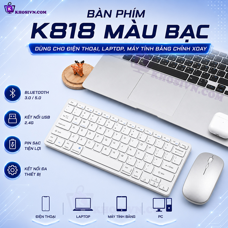 Bàn Phím Bluetooth Mini Không Dây Pin Sạc Kết Nối 2.4G Dùng Cho Điện Thoại, Laptop, Máy Tính Bảng - K818