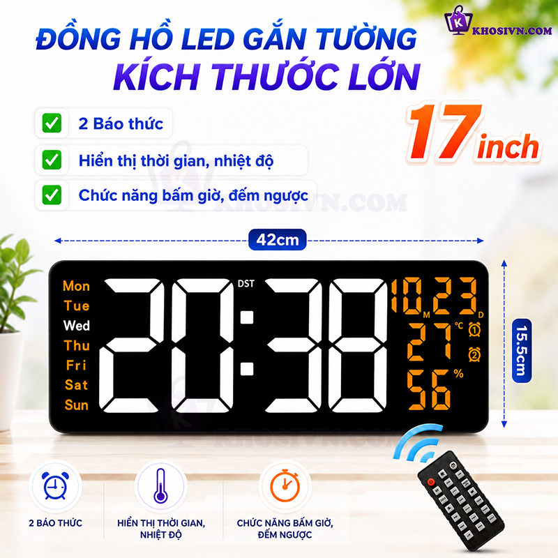 Đồng Hồ LED Điện Tử Decor 17 inch Kích Thước Lớn Găn Tường Treo Tường Có Remote Bấm Giờ Đếm Ngược - 6670