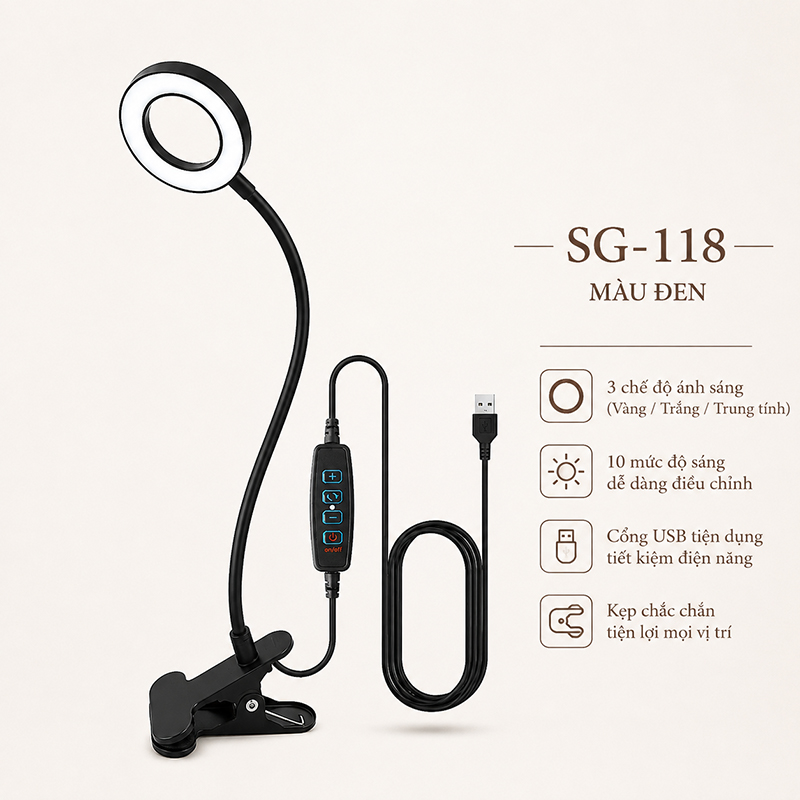 Đèn Học Cắm Điện USB Kẹp Để Bàn 3 Màu Ánh Sáng Có Thể Tùy Chỉnh Thân Uốn Lượn 360 Độ SG-118