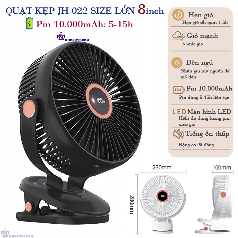 Quạt Kẹp Bàn Tích Điện, Kẹp Xe Đẩy, Để Bàn Size Lớn 8inch Pin 10.000mAh Xoay 720 độ - JH-022