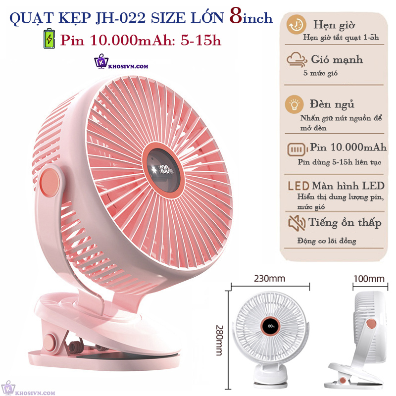 Quạt Kẹp Bàn Tích Điện, Kẹp Xe Đẩy, Để Bàn Size Lớn 8inch Pin 10.000mAh Xoay 720 độ - JH-022