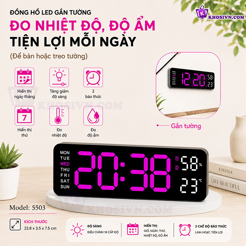 Đồng Hồ LED Để Bàn Decor, Đồng Hồ Báo Thức Để Bàn Hiển Thị Thời Gian Nhiệt Độ - 5503