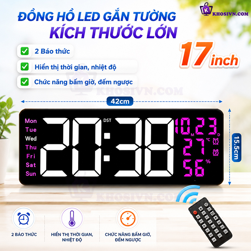 Đồng Hồ LED Điện Tử Decor 17 inch Kích Thước Lớn Găn Tường Treo Tường Có Remote Bấm Giờ Đếm Ngược - 6670