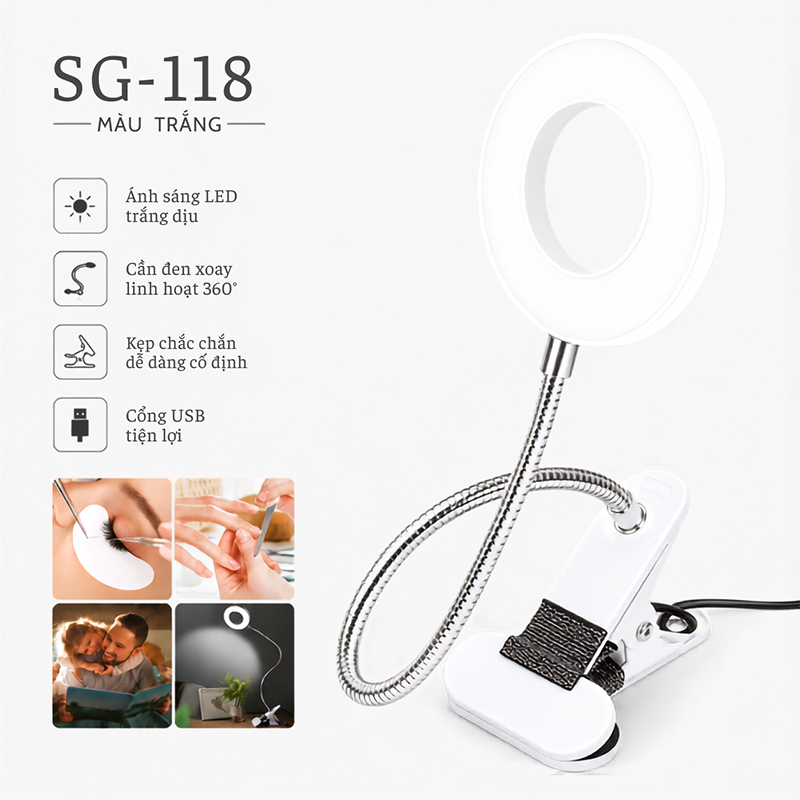 Đèn Học Cắm Điện USB Kẹp Để Bàn 3 Màu Ánh Sáng Có Thể Tùy Chỉnh Thân Uốn Lượn 360 Độ SG-118