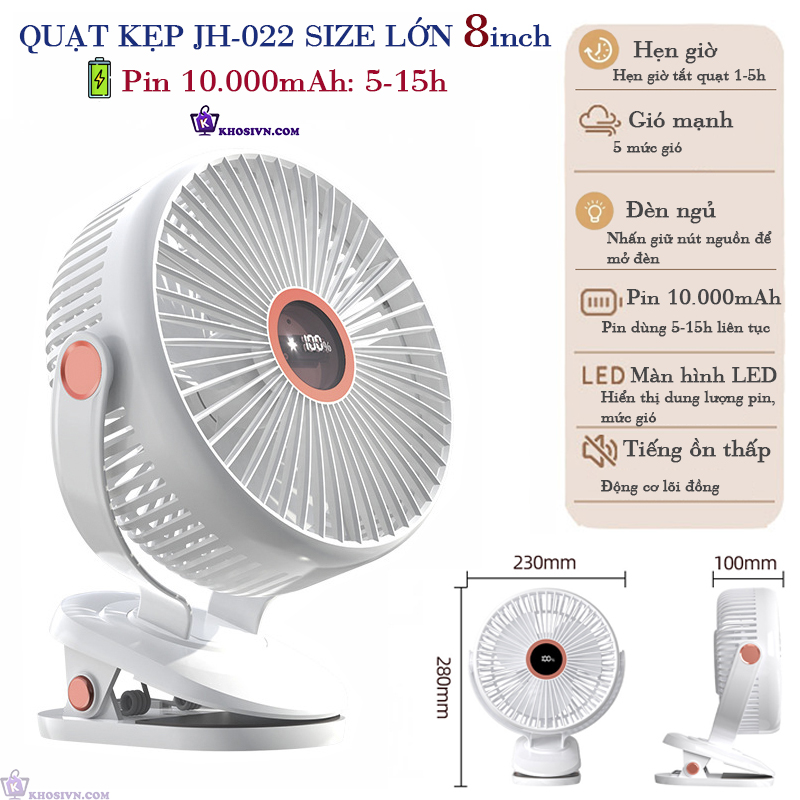 Quạt Kẹp Bàn Tích Điện, Kẹp Xe Đẩy, Để Bàn Size Lớn 8inch Pin 10.000mAh Xoay 720 độ - JH-022