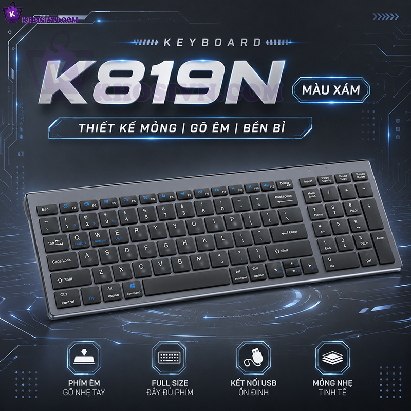 Bàn Phím Bluetooth Mini Không Dây Pin Sạc Dùng Cho Laptop, Điện Thoại, Máy Tính Bảng - K819N
