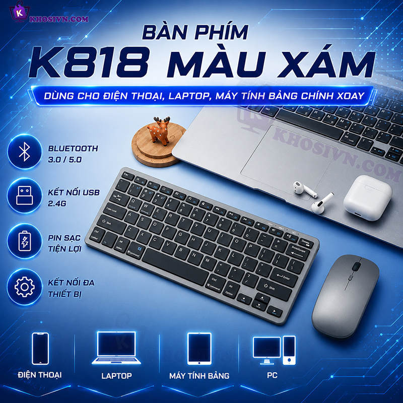 Địa Chỉ Mua Sỉ Bàn Phím Bluetooth Mini Không Dây Pin Sạc Kết Nối 2.4G Dùng Cho Điện Thoại, Laptop, Máy Tính Bảng - K818 Tại TPHCM - Khosivn.com