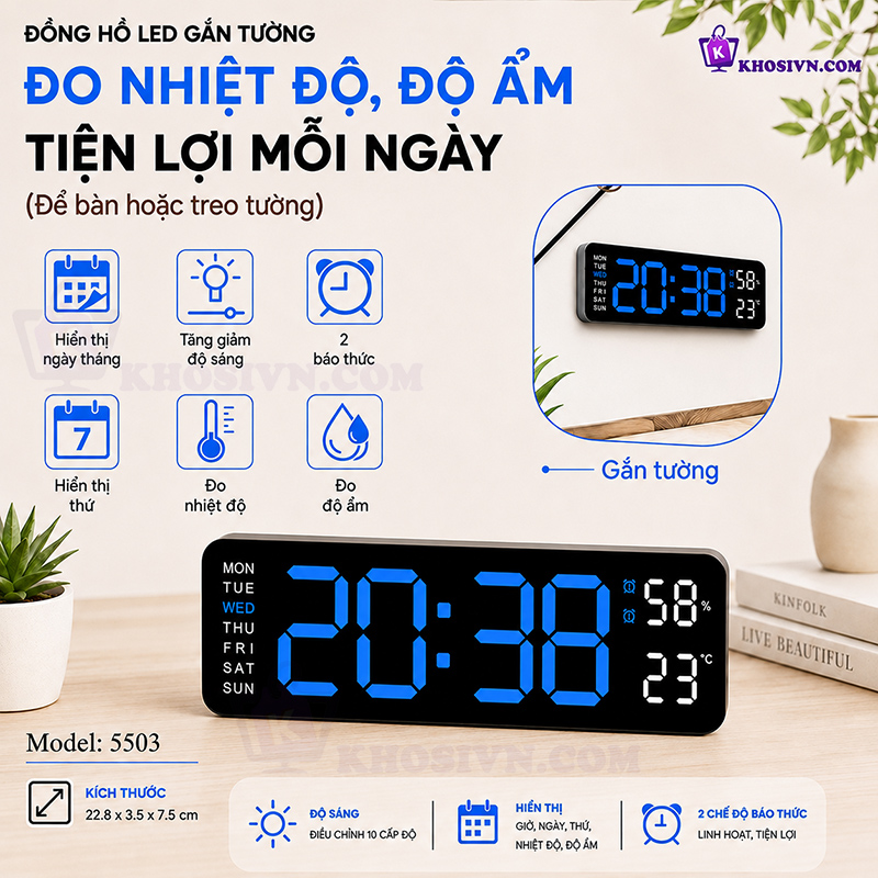 Đồng Hồ LED Để Bàn Decor, Đồng Hồ Báo Thức Để Bàn Hiển Thị Thời Gian Nhiệt Độ - 5503