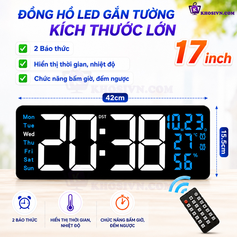 Đồng Hồ LED Điện Tử Decor 17 inch Kích Thước Lớn Găn Tường Treo Tường Có Remote Bấm Giờ Đếm Ngược - 6670