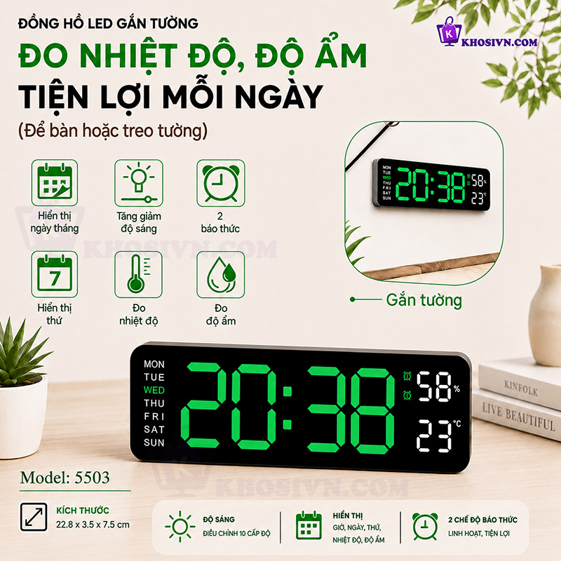 Đồng Hồ LED Để Bàn Decor, Đồng Hồ Báo Thức Để Bàn Hiển Thị Thời Gian Nhiệt Độ - 5503