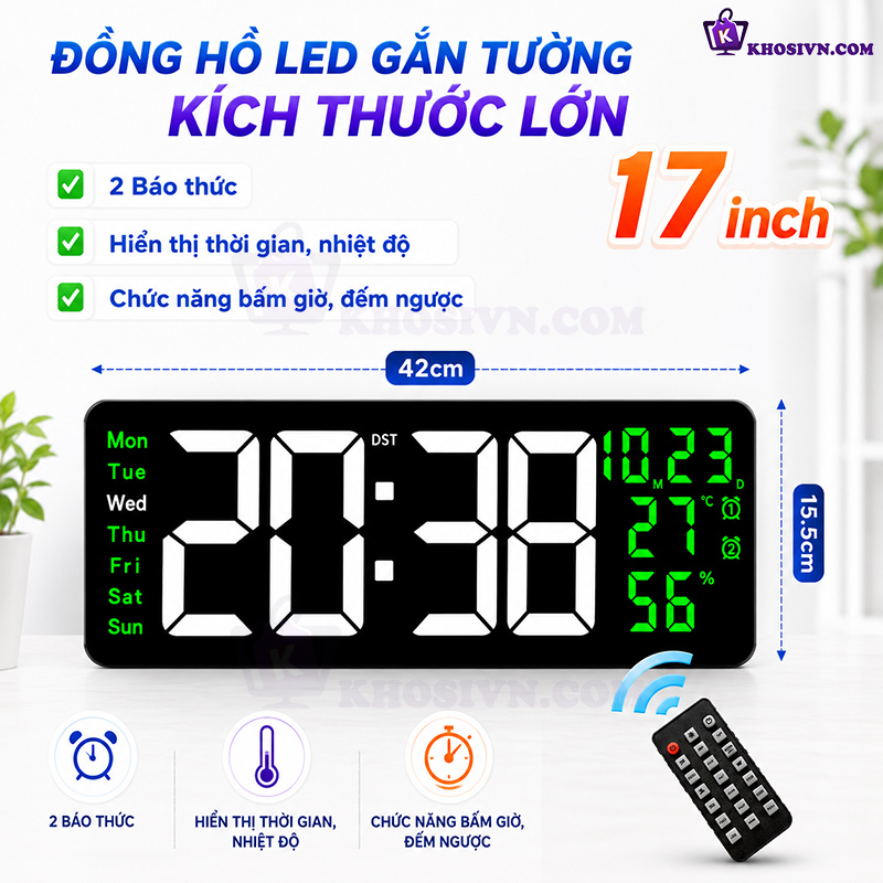 Đồng Hồ LED Điện Tử Decor 17 inch Kích Thước Lớn Găn Tường Treo Tường Có Remote Bấm Giờ Đếm Ngược - 6670
