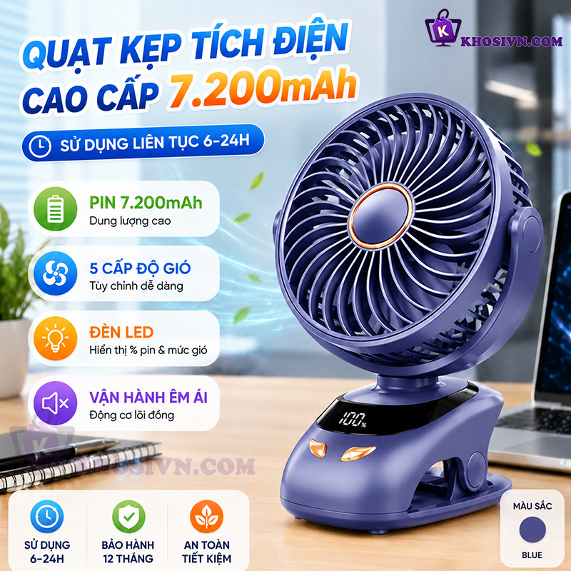 Quạt Kẹp Bàn Tích Điện Kẹp Xe Đẩy Cho Bé Sạc Pin Trâu 7.200mAh Có Đèn Màn Hình LED 5 Cấp Độ Gió - N33