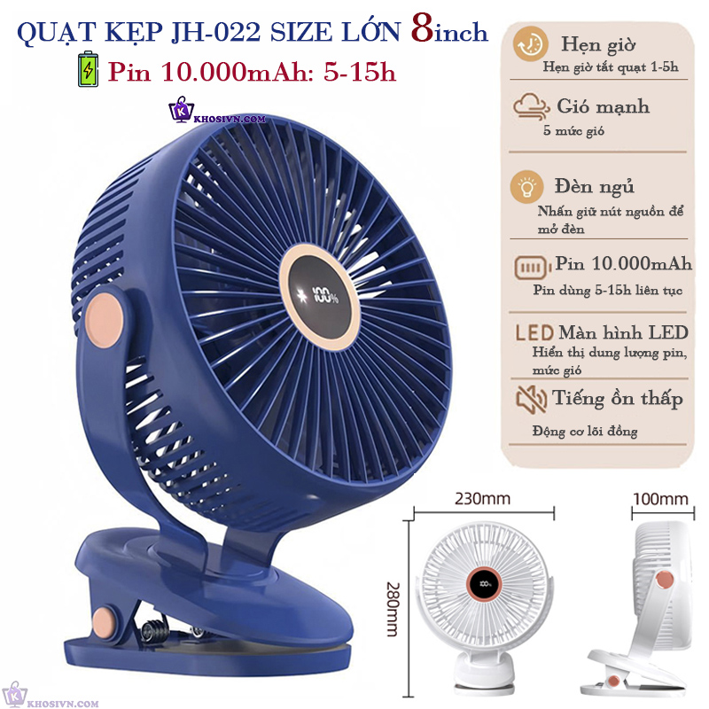 Quạt Kẹp Bàn Tích Điện, Kẹp Xe Đẩy, Để Bàn Size Lớn 8inch Pin 10.000mAh Xoay 720 độ - JH-022
