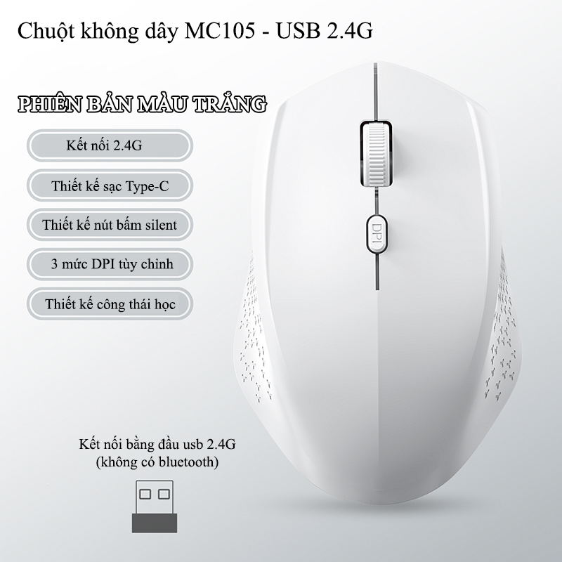Chuột Bluetooth Không Dây 2.4G Nút Bấm Silent Công Thái Học -  MC105