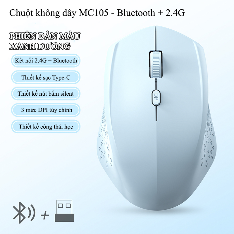 Chuột Bluetooth Không Dây 2.4G Nút Bấm Silent Công Thái Học -  MC105