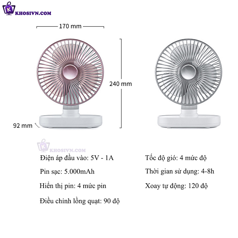 Quạt Để Bàn Văn Phòng Mini Tích Điện Xoay Được Pin Sạc 5000mAh Gió Mạnh - D77