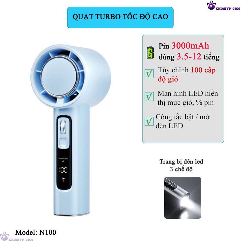 Quạt Turbo Cầm Tay Gió Mạnh Làm Mát Nhanh 100 Cấp Độ Gió - N100