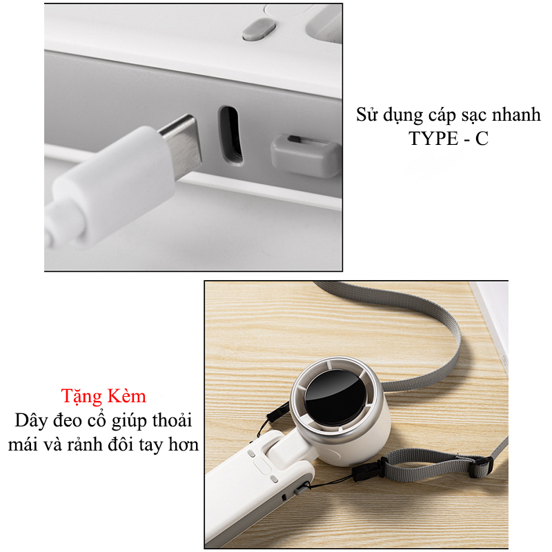 Quạt Cầm Tay Tích Điện Gió Mạnh Turbo 5 Cấp Độ Gió Kèm Dây Đeo Cổ N607