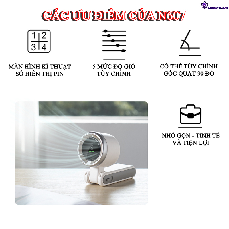 Quạt Cầm Tay Tích Điện Gió Mạnh Turbo 5 Cấp Độ Gió Kèm Dây Đeo Cổ N607
