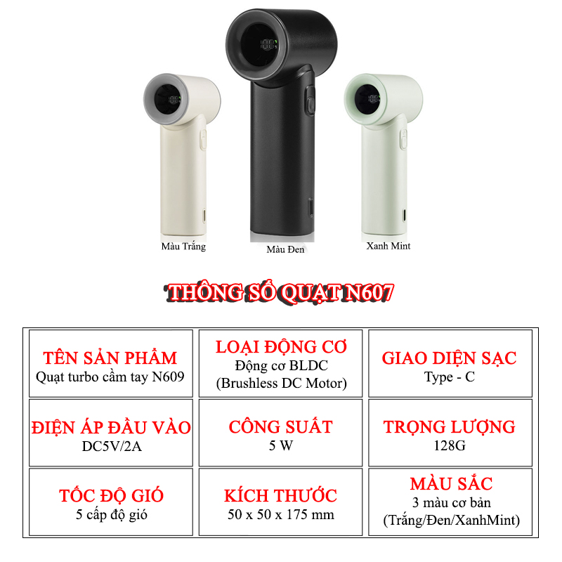 Quạt Turbo Cầm Tay Mini Tích Điện Gió Siêu Mạnh - N609