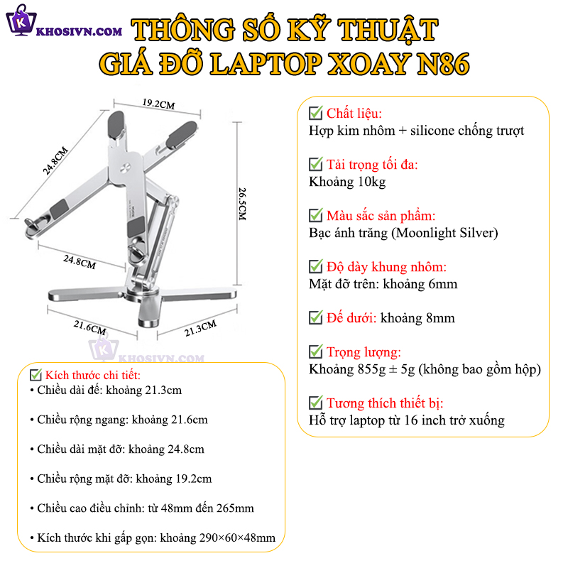 Giá Đỡ Laptop Một Chân Xoay 360 Độ Hợp Kim Nhôm Cao Cấp Nâng Cao Laptop Macbook Máy Tính Bảng - MCHOSE N86