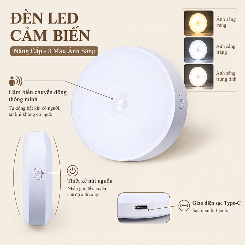 Đèn Ngủ Cảm Biến Ánh Sáng Sử Dụng Pin Sạc USB Decor gắn Tường Hành Lang Tủ Quần Áo YD-01