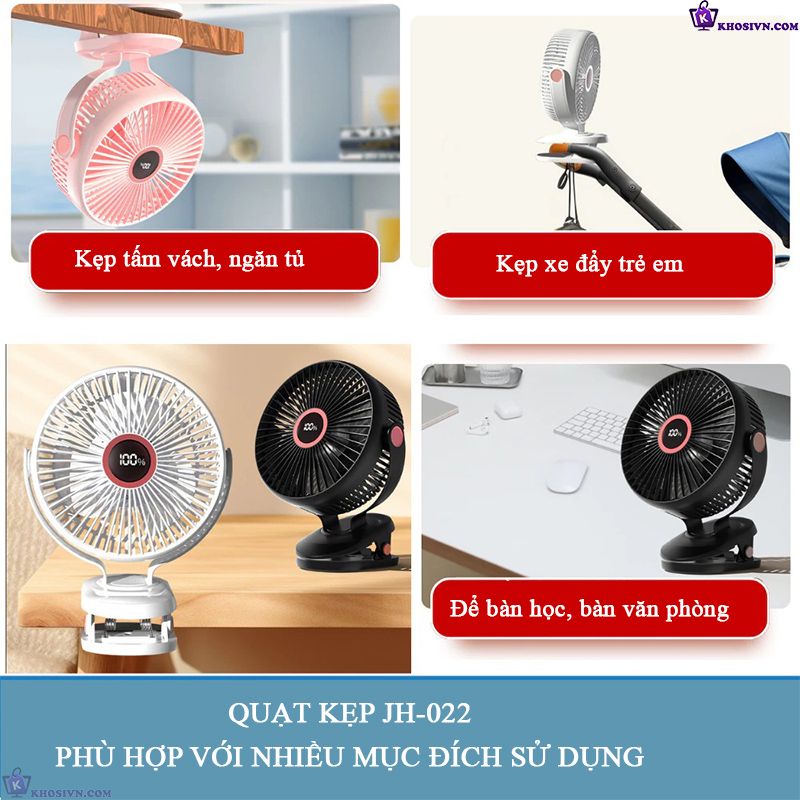Quạt Kẹp Bàn Tích Điện, Kẹp Xe Đẩy, Để Bàn Size Lớn 8inch Pin 10.000mAh Xoay 720 độ - JH-022