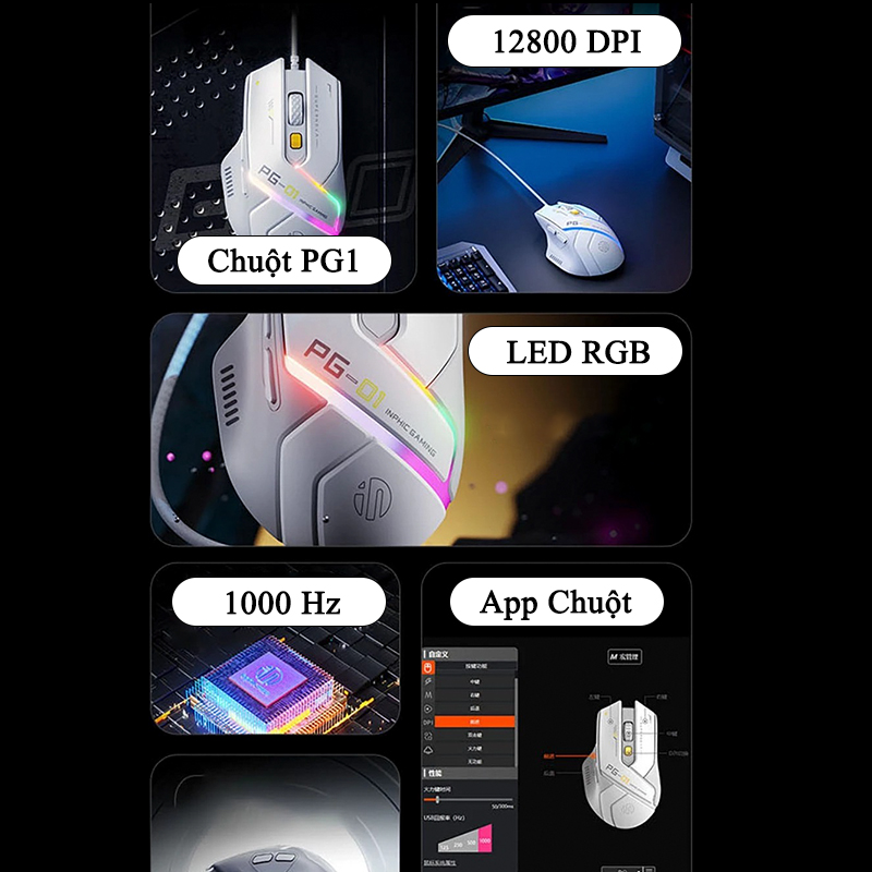 Chuột Gaming Inphic Có Dây Cao Cấp LED RGB 16 Triệu Màu 12800dpi Phím Bấm Có Âm Click - Inphic PG1