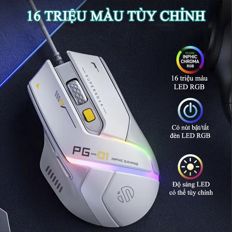 Chuột Gaming Inphic Có Dây Cao Cấp LED RGB 16 Triệu Màu 12800dpi Phím Bấm Có Âm Click - Inphic PG1