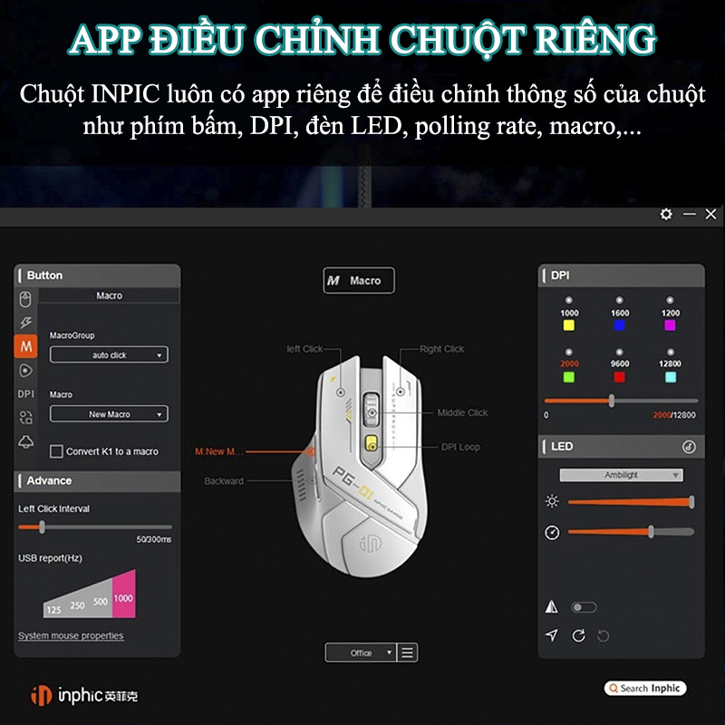 Chuột Gaming Inphic Có Dây Cao Cấp LED RGB 16 Triệu Màu 12800dpi Phím Bấm Có Âm Click - Inphic PG1