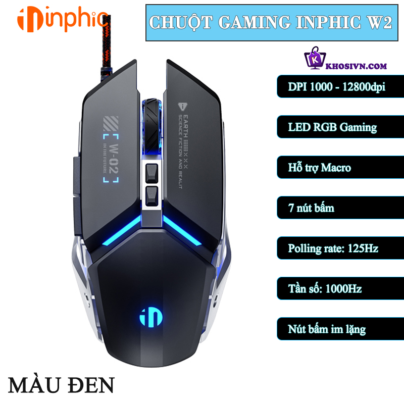 Chuột Gaming Inphic Tần Số 1000Hz 12800dpi LED RGB Chuyên Game Có Dây - Inphic W2