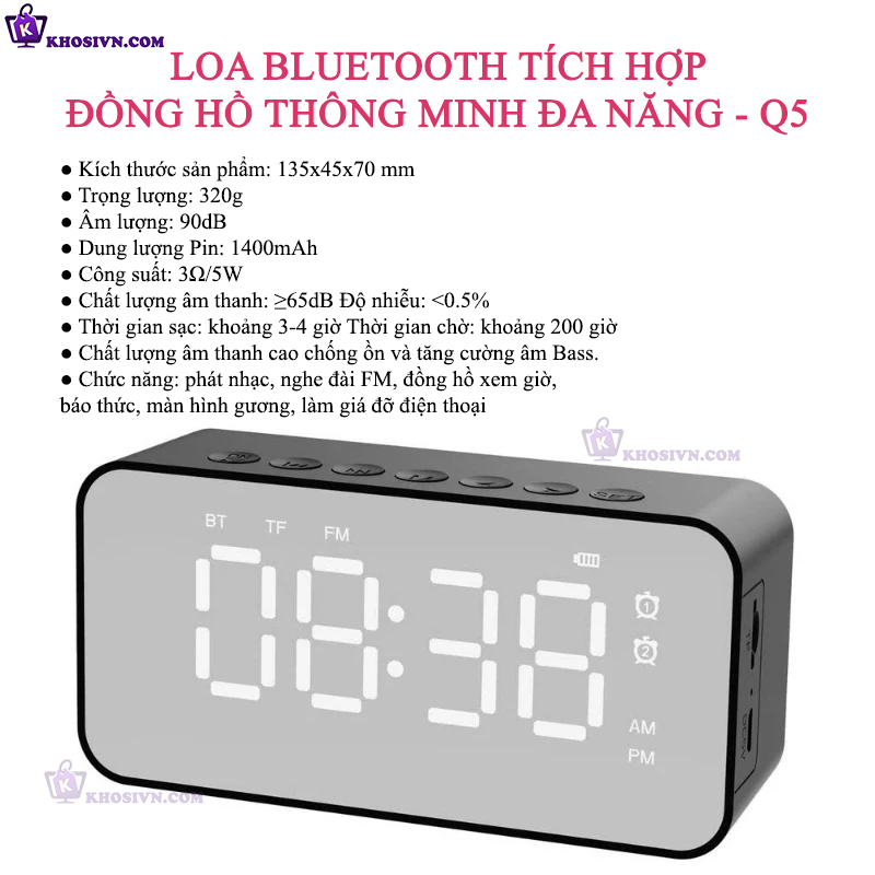 Loa Bluetooth Tích hợp Đồng Hồ Thông Minh Đa Năng Kiêm Báo Thức Nghe Đài FM - Q5