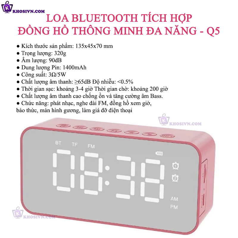 Loa Bluetooth Tích hợp Đồng Hồ Thông Minh Đa Năng Kiêm Báo Thức Nghe Đài FM - Q5