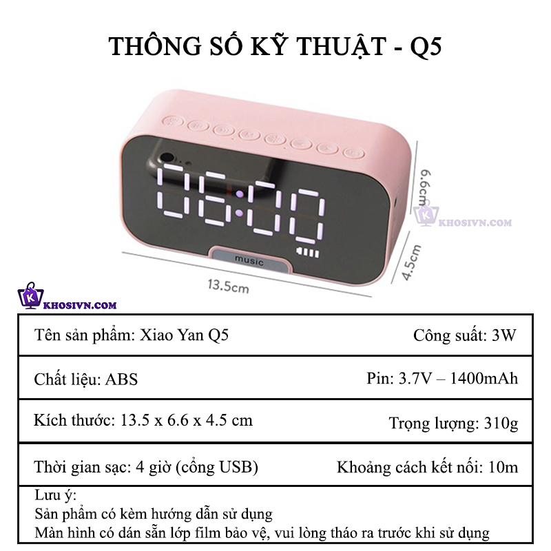 Thông Số Kỹ Thuật Của Loa Bluetooth Tích hợp Đồng Hồ - Q5