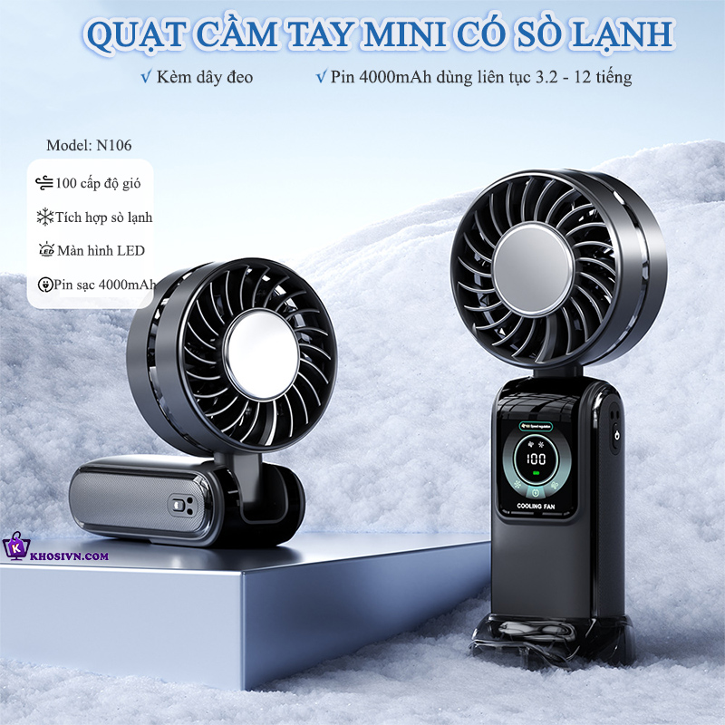 Quạt Cầm Tay Mini Tích Điện Có Sò Lạnh Kèm Dây Đeo Cổ Hoạt Động Êm - N106