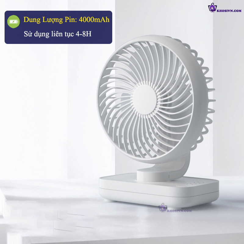 Quạt Để Bàn Văn Phòng Tích Điện Mini 4000mAh Quạt Để Bàn 4 Tốc Độ Gió Pin Sạc Chạy Êm - D606