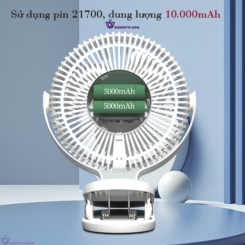 Quạt Kẹp Bàn Tích Điện, Kẹp Xe Đẩy, Để Bàn Size Lớn 8inch Pin 10.000mAh Xoay 720 độ - JH-022