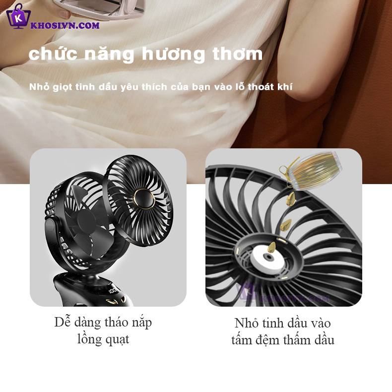 Quạt Kẹp Bàn Tích Điện Kẹp Xe Đẩy Cho Bé Sạc Pin Trâu 7.200mAh Có Đèn Màn Hình LED 5 Cấp Độ Gió - N33