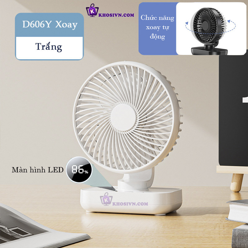 Quạt Để Bàn Văn Phòng Mini Tích Điện Pin Trâu Xoay Tự Động Có Màn Hình LED 4 Cấp Độ Gió - D606Y