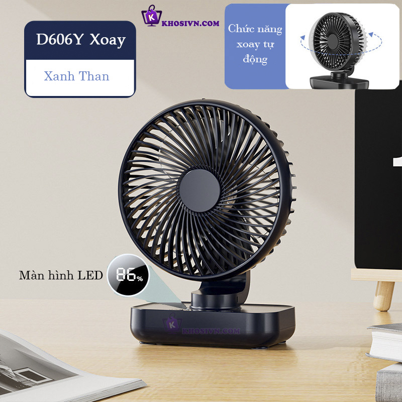 Quạt Để Bàn Văn Phòng Mini Tích Điện Pin Trâu Xoay Tự Động Có Màn Hình LED 4 Cấp Độ Gió - D606Y
