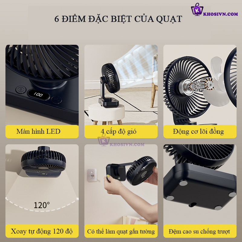 Quạt Để Bàn Văn Phòng Tích Điện Mini 4 Chế Độ Gió Pin trâu 5000mAh Tự Động Xoay Tiện Lợi D606Y