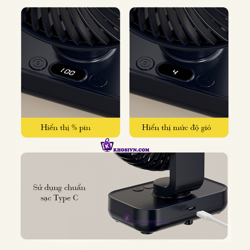 Quạt Để Bàn Văn Phòng Tích Điện Mini 4 Chế Độ Gió Pin trâu 5000mAh Tự Động Xoay Tiện Lợi D606Y