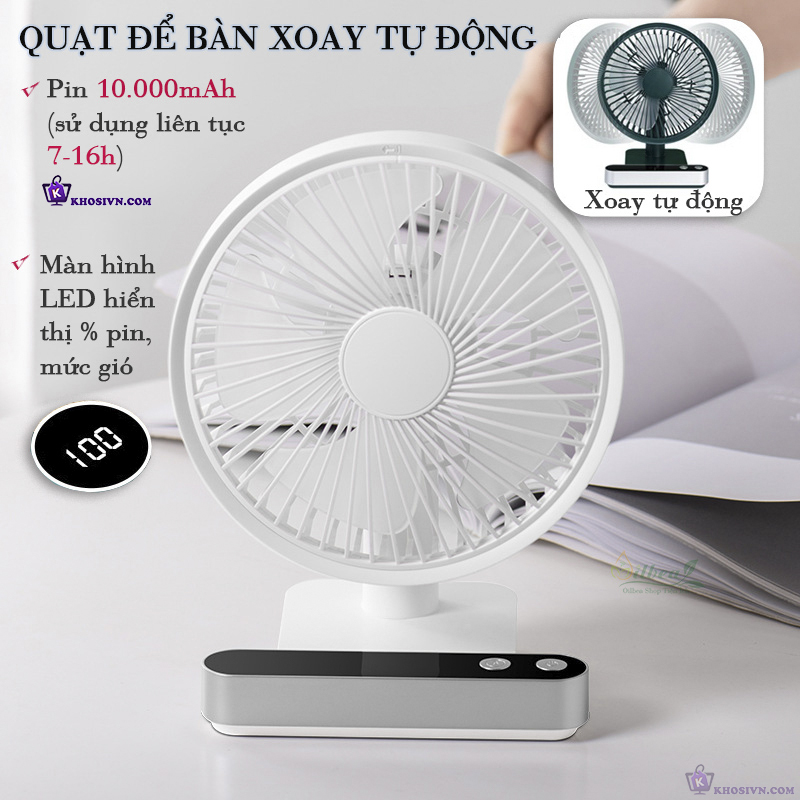 Quạt Để Bàn Văn Phòng Tích Điện To Xoay Được Pin Trâu 5000mAh Có Màn Hình LED - F702