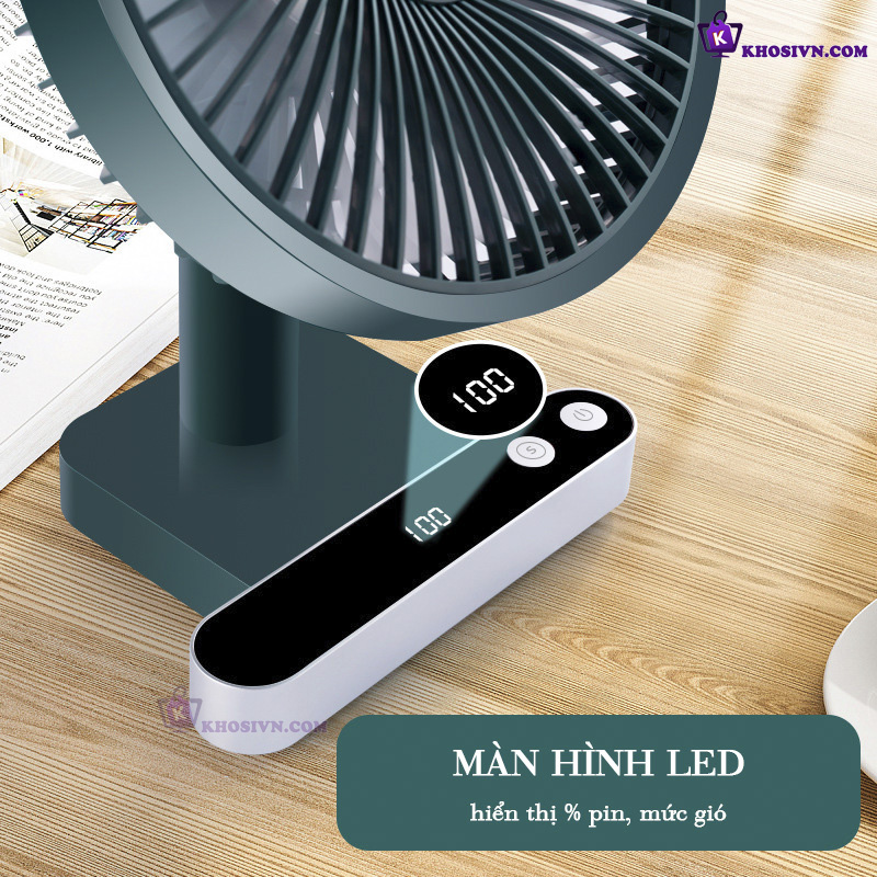 Quạt Để Bàn Văn Phòng Tích Điện To Tự Động Xoay Có Màn Hình LED Pin Trâu F702
