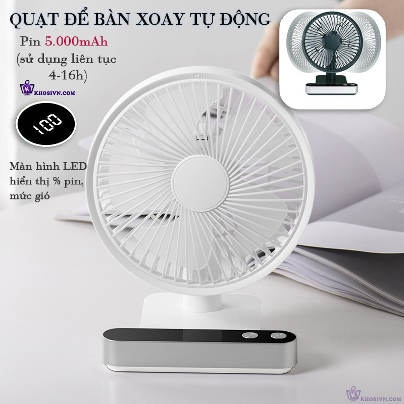 Quạt Để Bàn Văn Phòng Tích Điện To Xoay Được Pin Trâu 5000mAh Có Màn Hình LED - F702