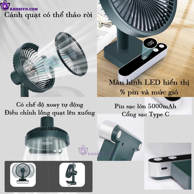 Quạt Để Bàn Văn Phòng Tích Điện To Tự Động Xoay Có Màn Hình LED Pin Trâu F702